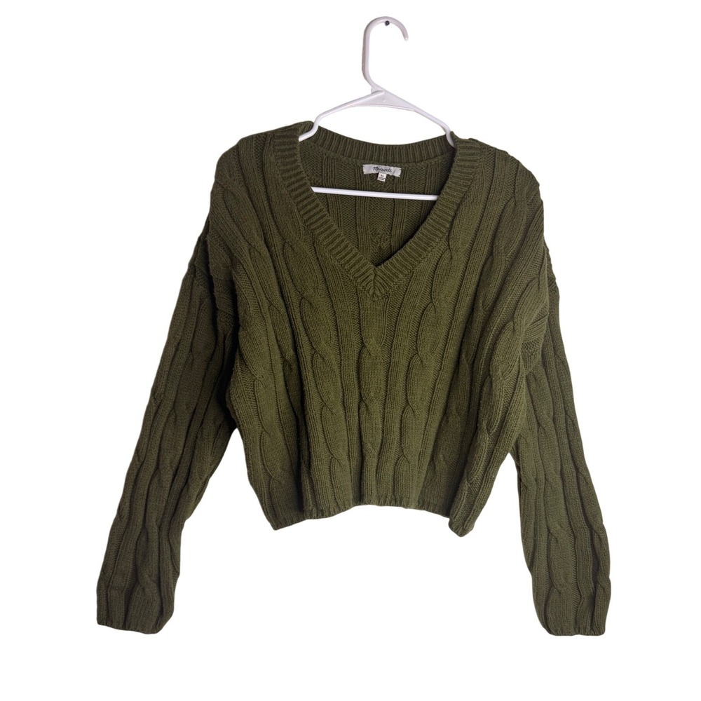 Madewell Cable Knit Sweater Womens XL Olive Green V-Neck Crop Pullover